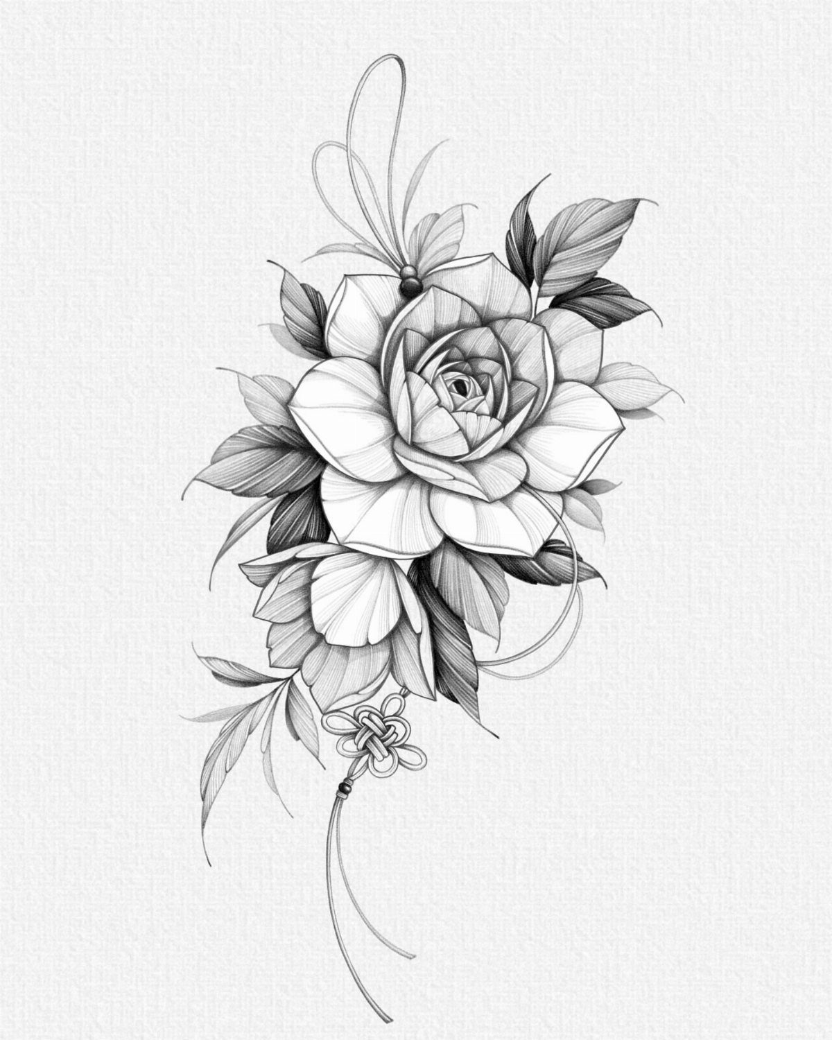 A detailed black and white floral tattoo design featuring a rose and leaves with flowing lines.