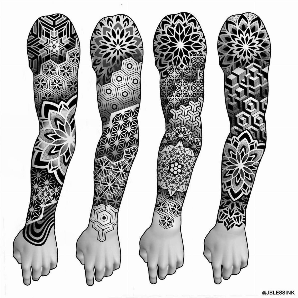 Four grayscale illustrations of arms covered in intricate geometric and mandala pattern tattoo designs.