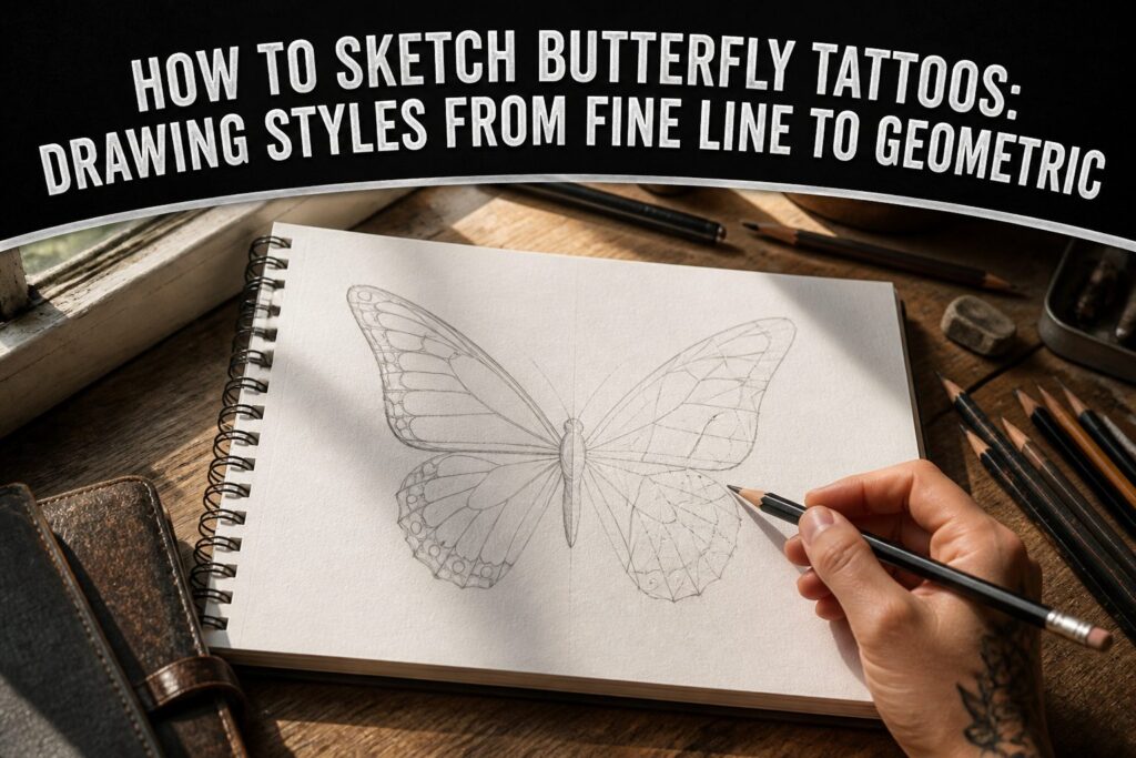 Various butterfly tattoo sketches highlighting different drawing styles.