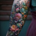 A colorful floral tattoo with realistic pink and blue flowers covering a person's arm.