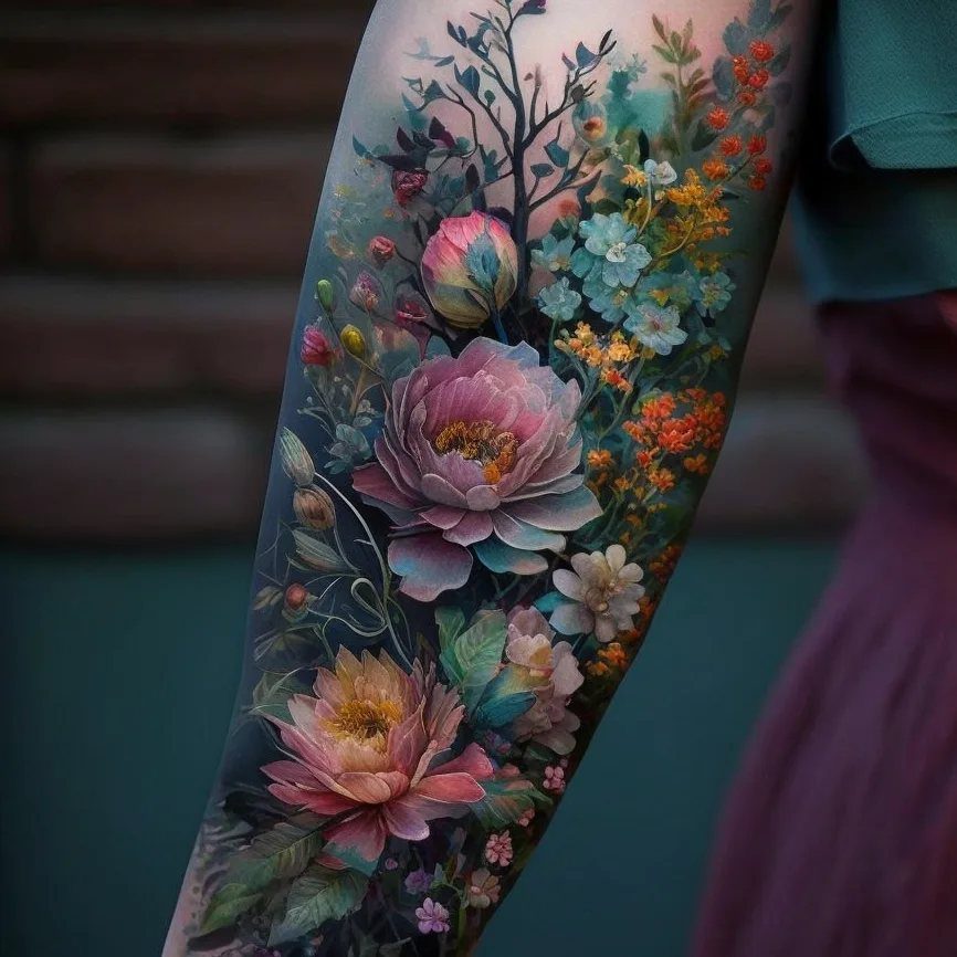 A colorful floral tattoo with realistic pink and blue flowers covering a person's arm.