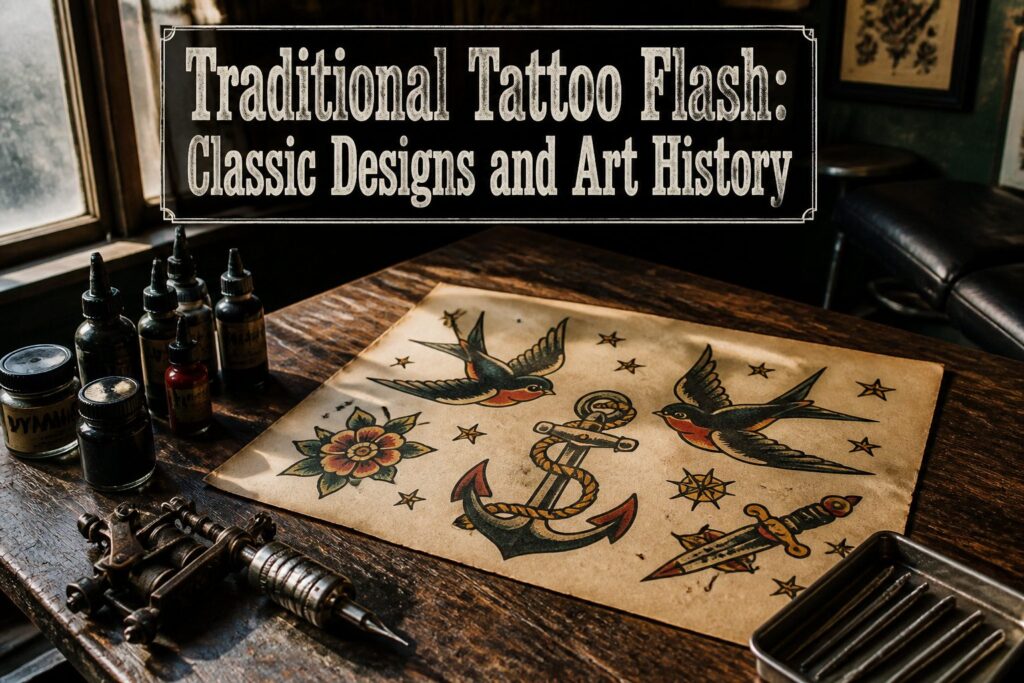 A collection of traditional tattoo flash designs including anchors, swallows, and roses.