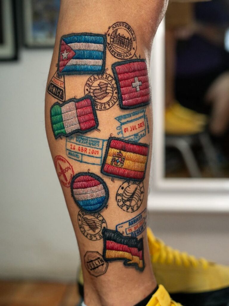 A person's leg covered in colorful tattoos designed to look like embroidered travel patches and flags.