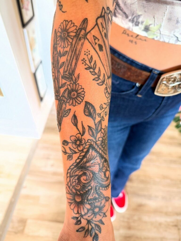 Black ink tattoos of flowers, a bullet, and playing cards on a person's arm.